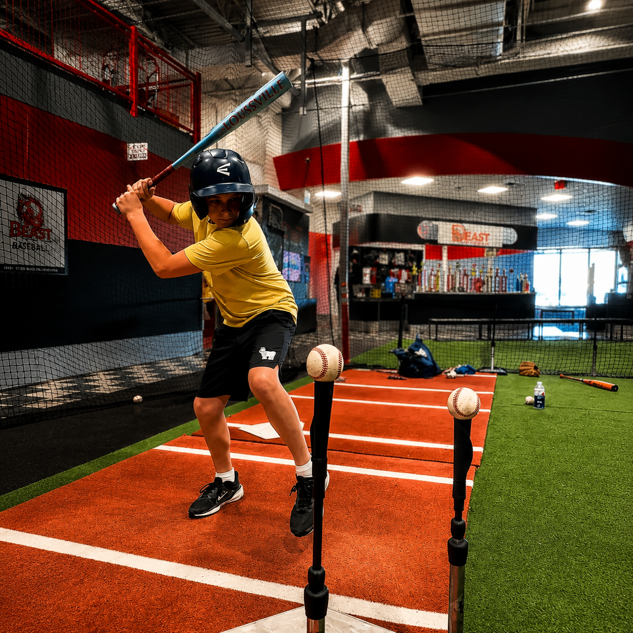 Two-tee setup used to check bat path and contact position during tee work