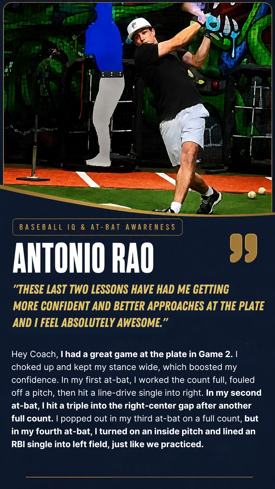 Antonio Rao testimonial — 'These last two lessons have had me getting more confident and better approaches at the plate' — Baseball IQ and at-bat awareness with Coach Steve
