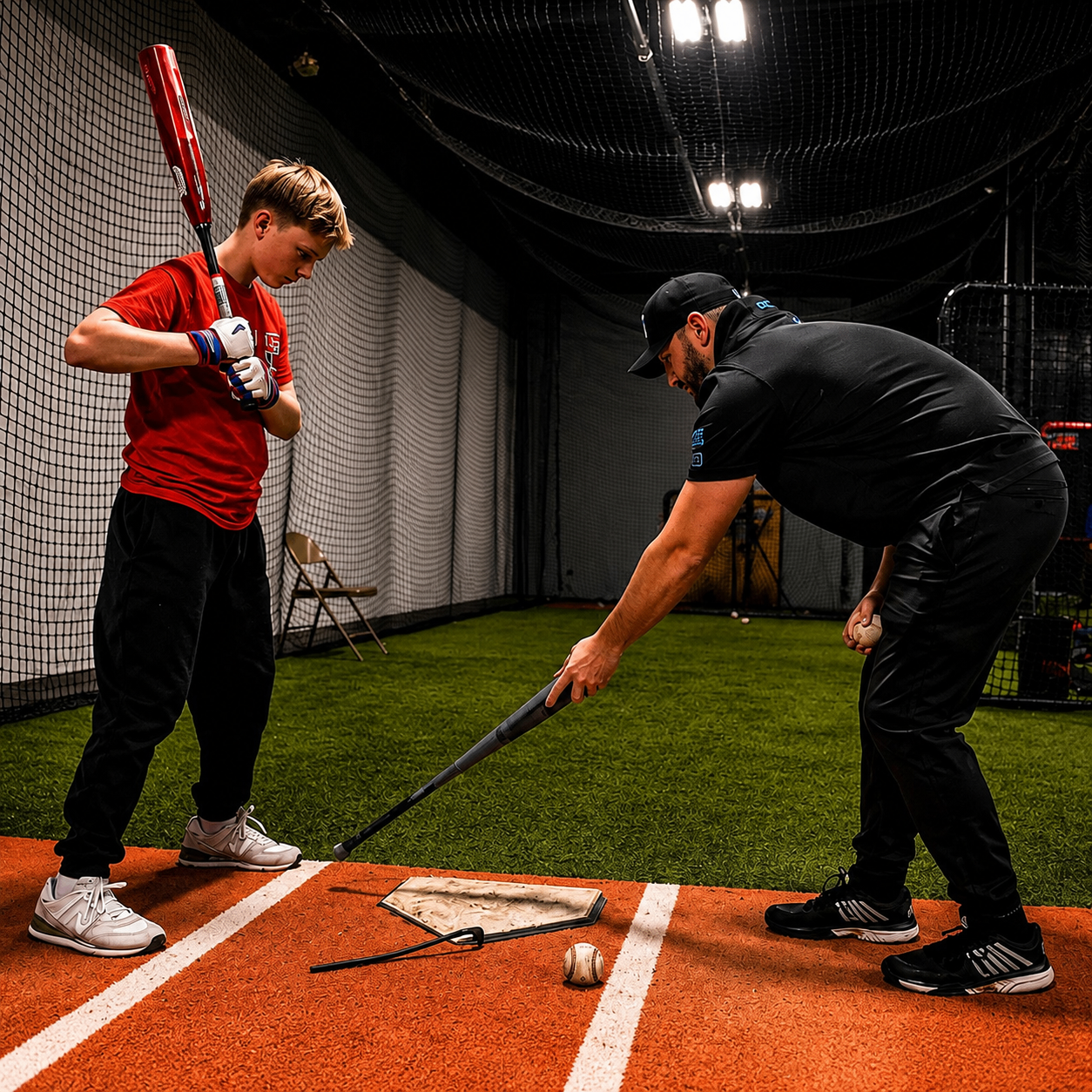 Coach Steve showing a hitter how feet alignment and distance from the plate affect contact