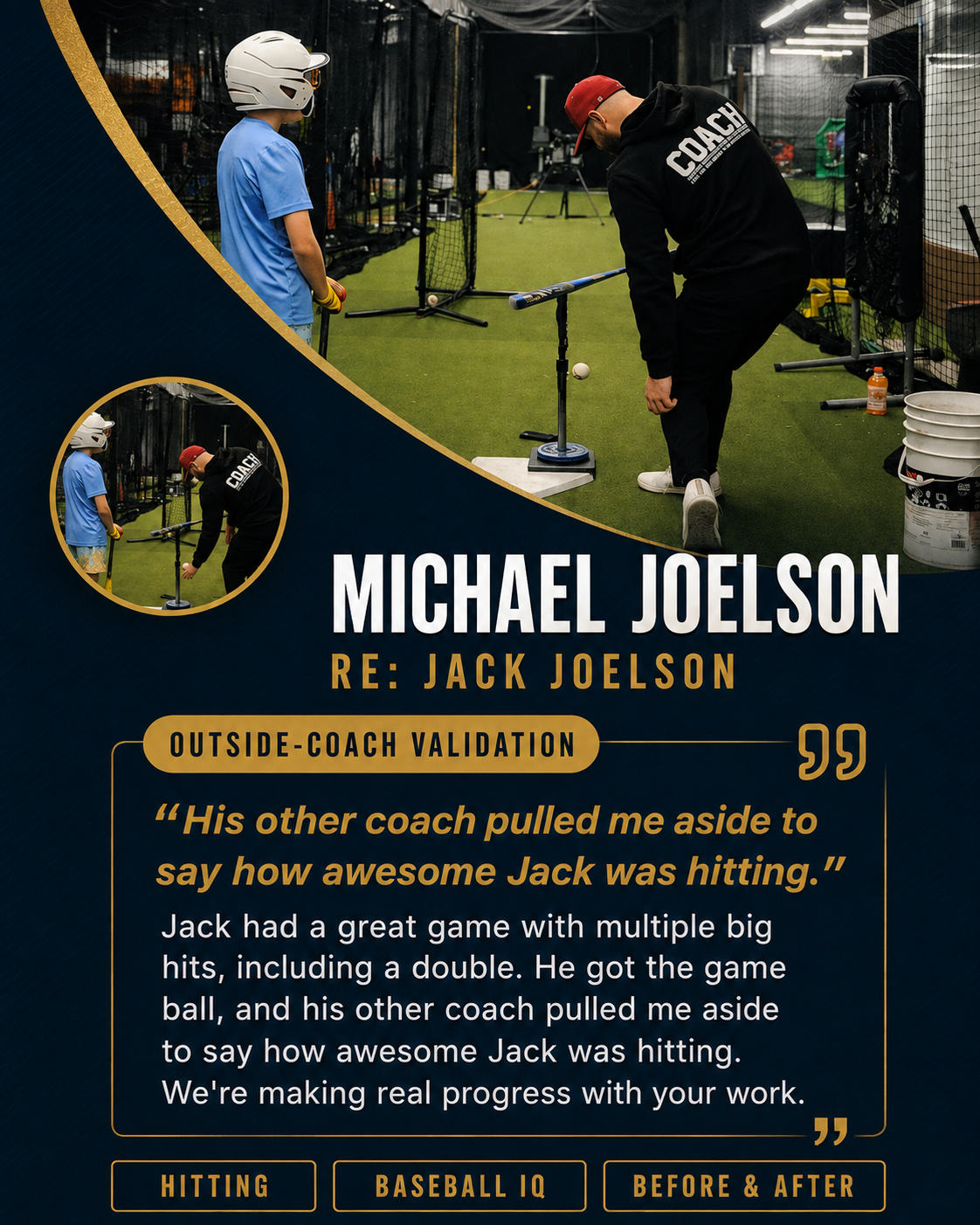 Coach Steve setting a tee for Jack Joelson in the cage — 'his other coach pulled me aside to say how awesome Jack was hitting'