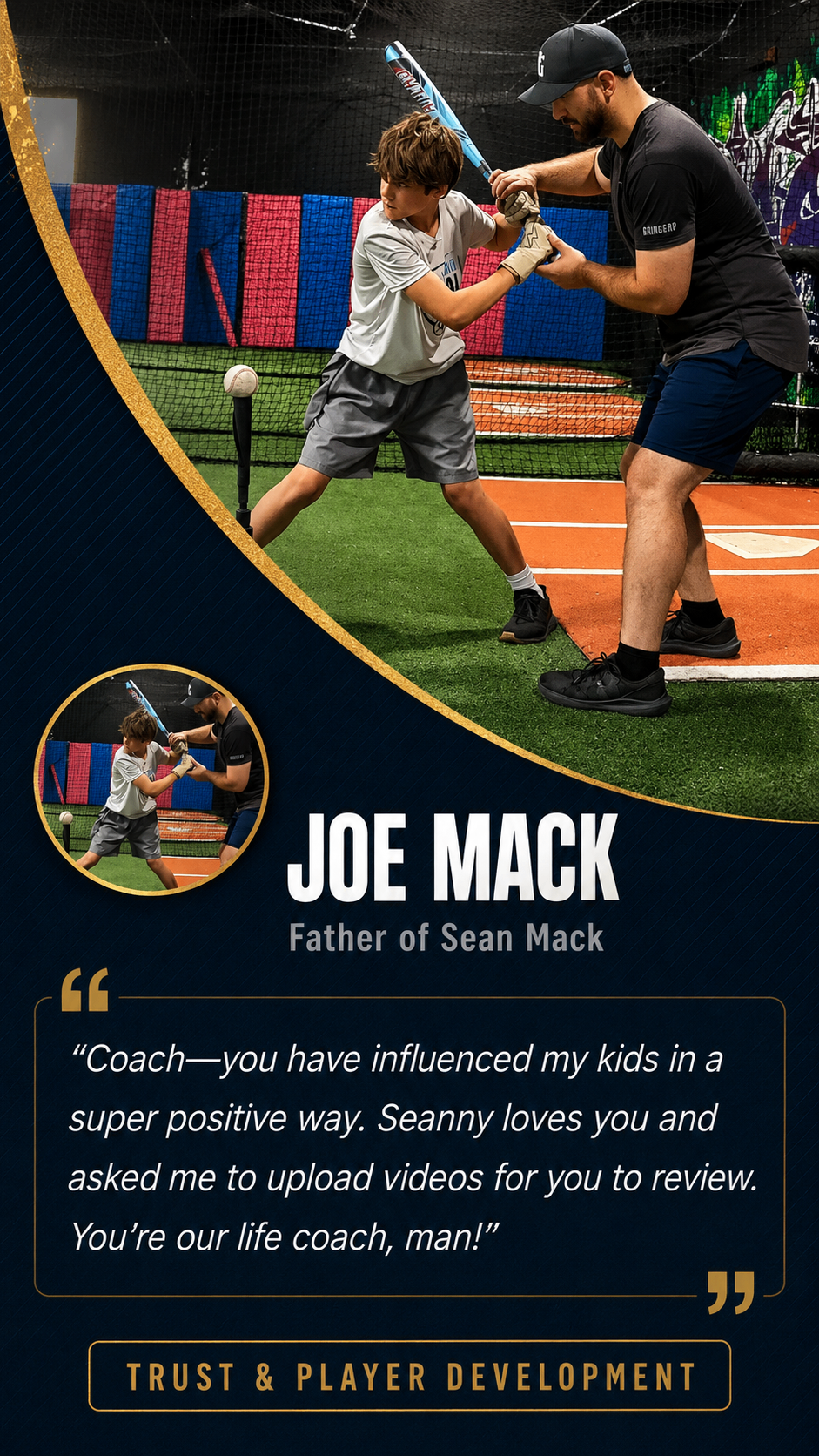 Coach Steve guiding Sean Mack's hands through a tee swing during a private lesson