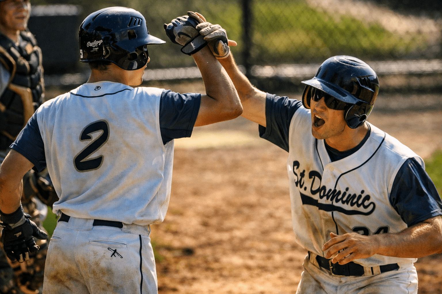 Coach celebrating with a baseball player after a successful game moment