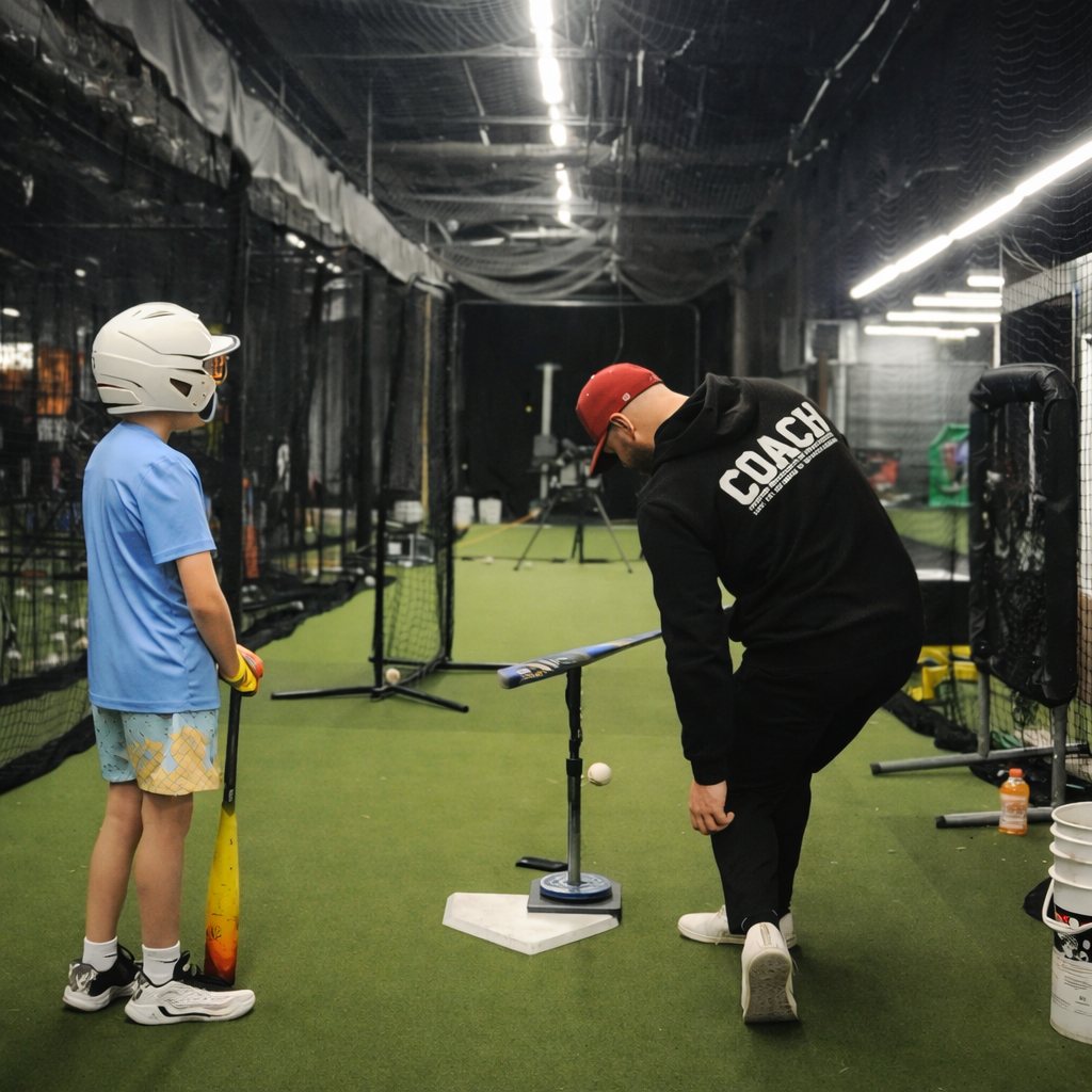 Coach Steve in a COACH hoodie setting up tee work one-on-one with a young hitter in the cage