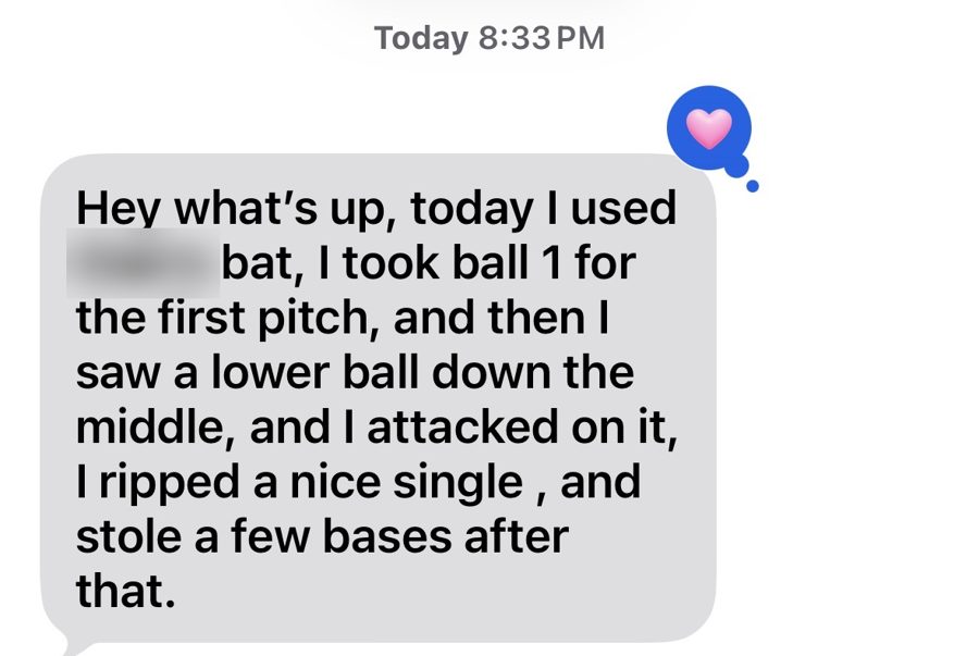 Screenshot of the original text message (Niall, 11U hitter, texting after his game). Names are blurred for privacy.