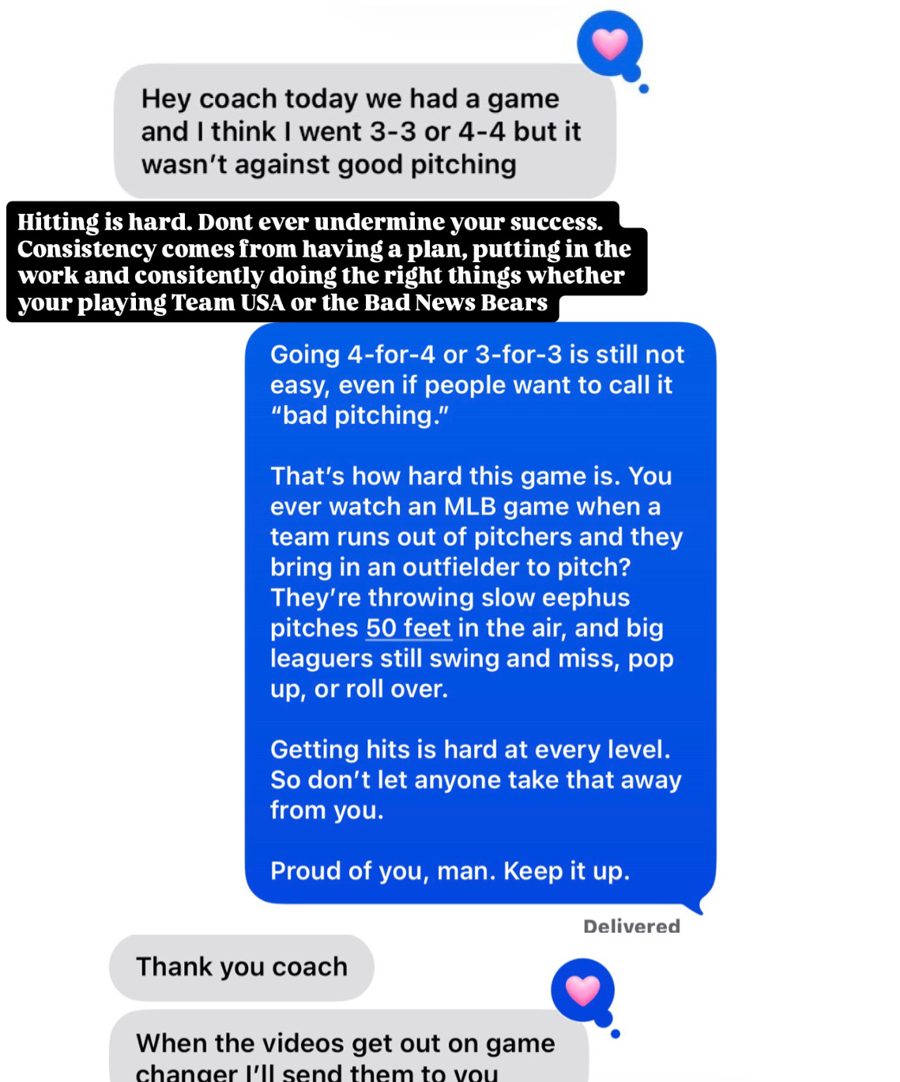 Screenshot of the original text message (Sean, 13U hitter, and Coach Steve). Names are blurred for privacy.