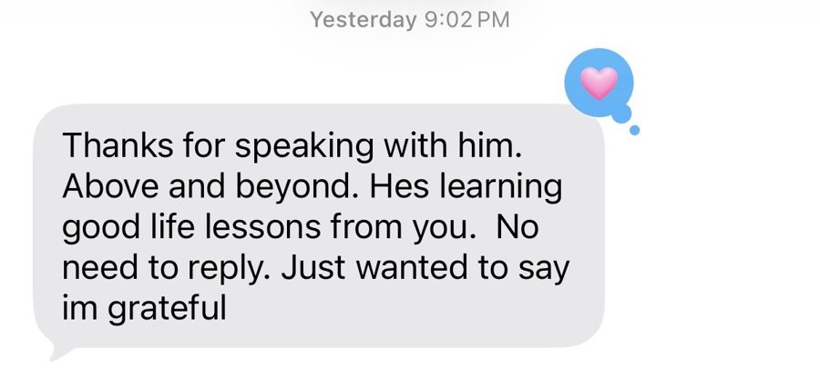 Screenshot of the original text message (Adam, Father of Gavin · 16U). Names are blurred for privacy.