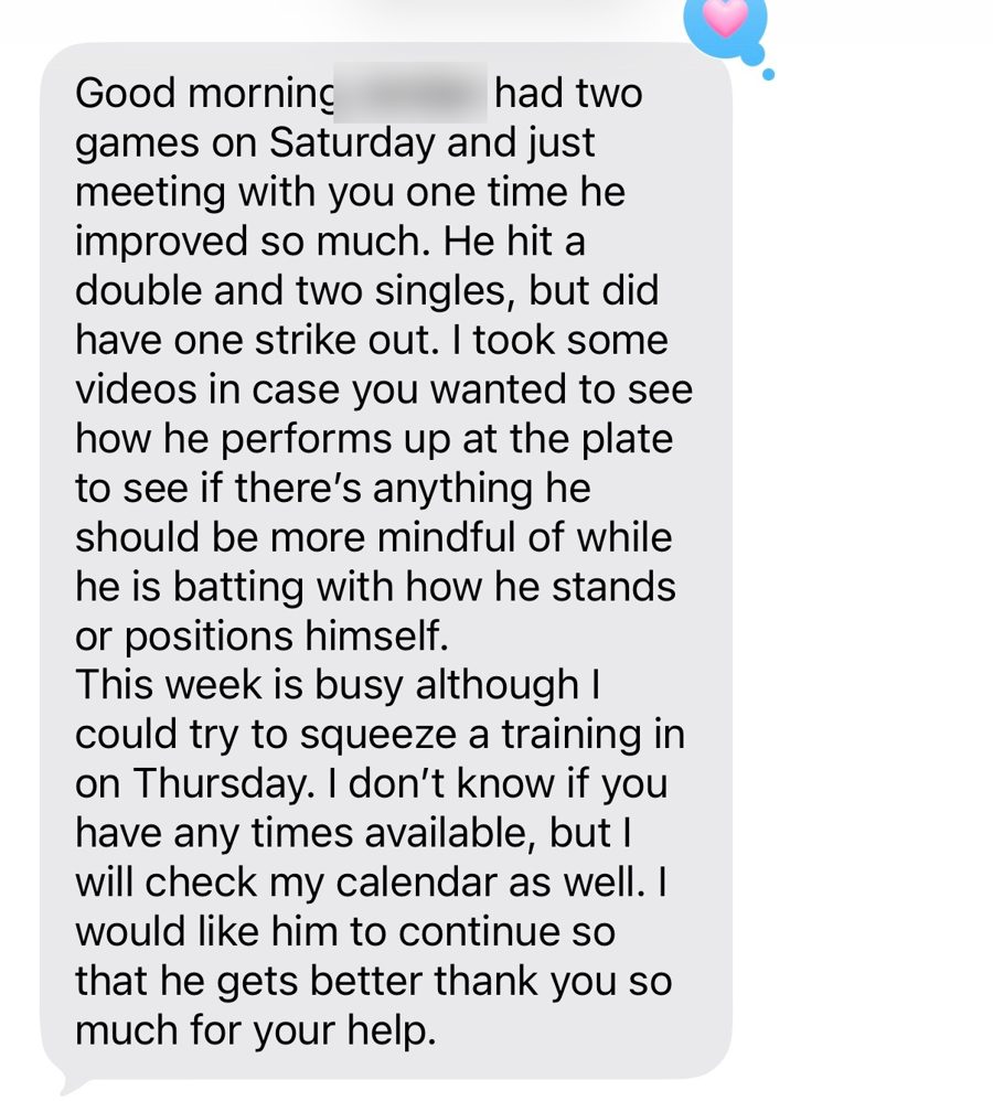 Screenshot of the original text message (Michelle, Mother of Jordan · 9U). Names are blurred for privacy.